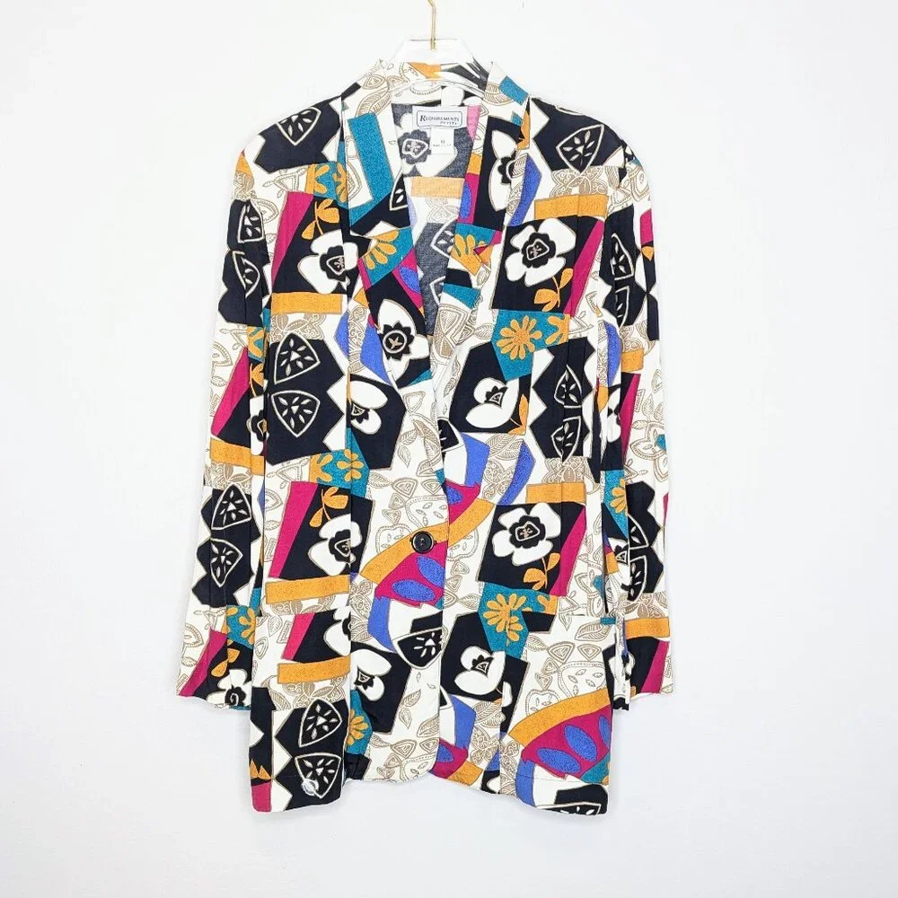 Vintage 80's Bright Geometric Pop Art Pattern Blazer Long Sleeve Pockets Floral